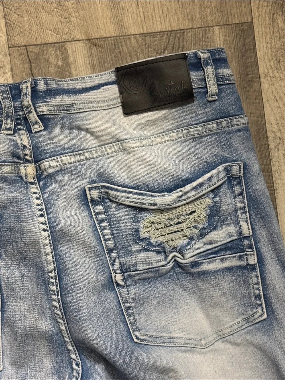 Men's Light Blue Skinny Distressed Jeans with Red Paint Detail - Picture 7 of 7